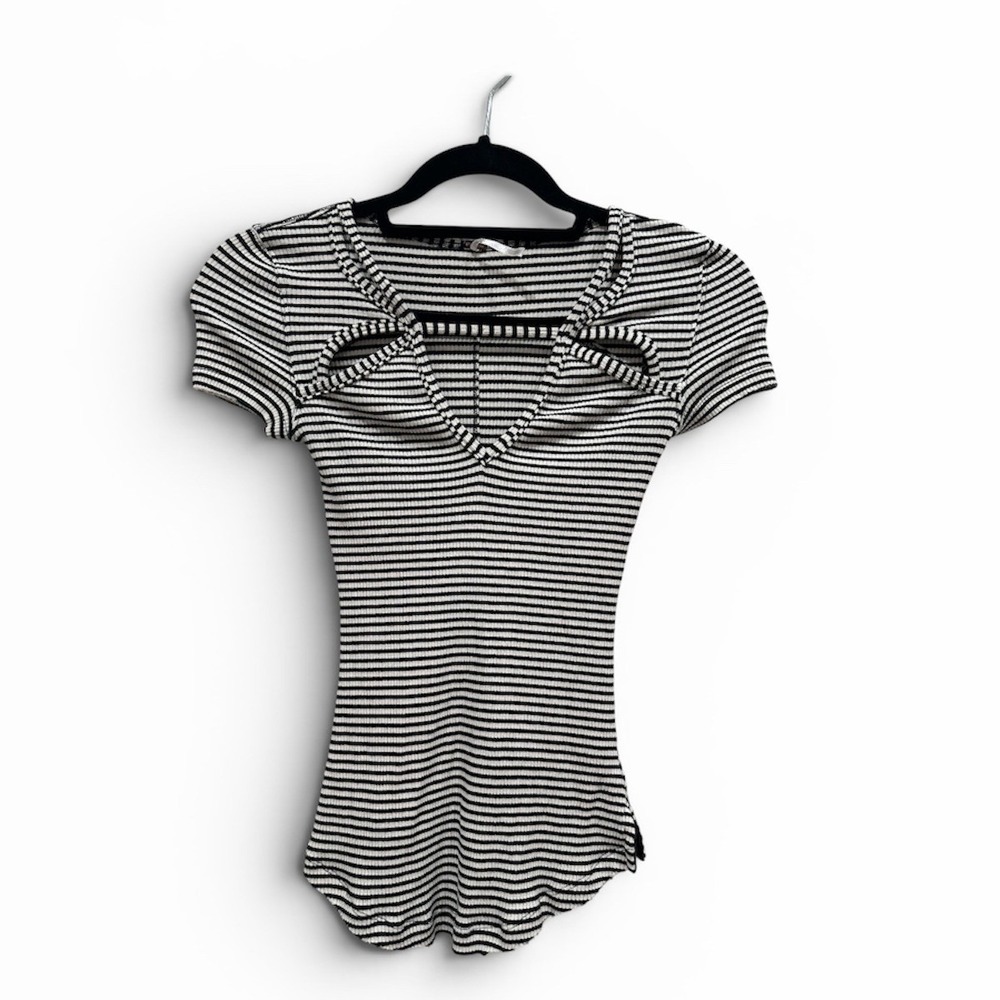 Free People Black White Striped Ribbed Cutout V-Neck Short Sleeve Top XS